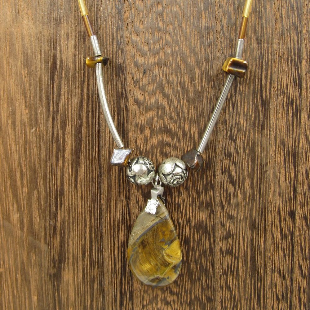 20" Unique Brown Stone Pendant Necklace Vintage Gem